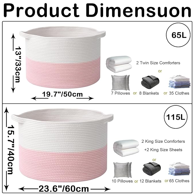 65L Large Blanket Basket,19.7" L x 19.7" W x 13" H Rope Woven Baskets with Handles, Toys Storage Bins,Laundry Basket Perfect for Living Room, Nursery,Bedroom,Home Organization,White&Pink
