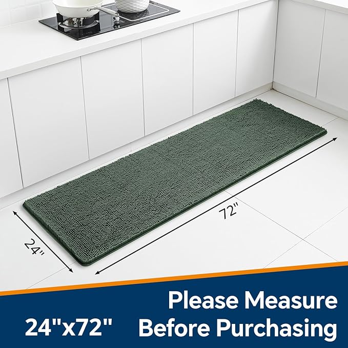 Hunter Green Bathroom Rugs 24"x72" - Long Plush Chenille Non-Slip Runner Bath Mat - Absorbent, Washable, Soft Decor for Shower, Sink, Tub, Kitchen, Floor, Home Accessories