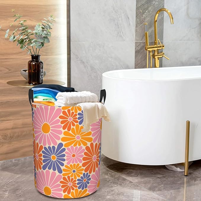 Groovy Daisy Flowers Collapsible Laundry Basket,70s Hippie Retro Bedroom Waterproof Laundry Hamper,Bathroom Large Storage Bag,College Dormitory Living Room Nursery Organizer Toy Bin 16" x 20"