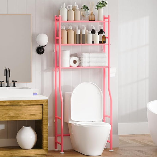 3-Tier Over The Toilet Storage, Space Saver Metal Bathroom Shelves, Freestanding Above Over Toilet Storage Shelf with 4 Hooks for Bathroom, Pink