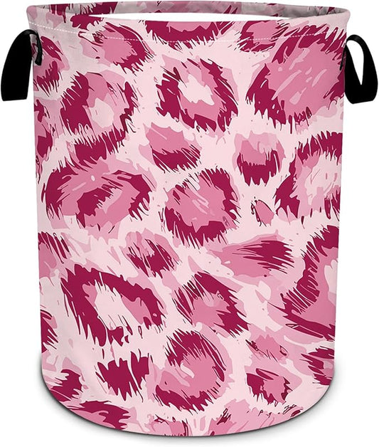 Pink Leopard Print Laundry Basket, Animal Skin Laundry Hamper Foldable Waterproof Oxford Cloth Funny Tote Bag Dirty Clothes Storage Bucket Toy Organizer for Bathroom/Laundry/Bedroom 15.7"x19.6"