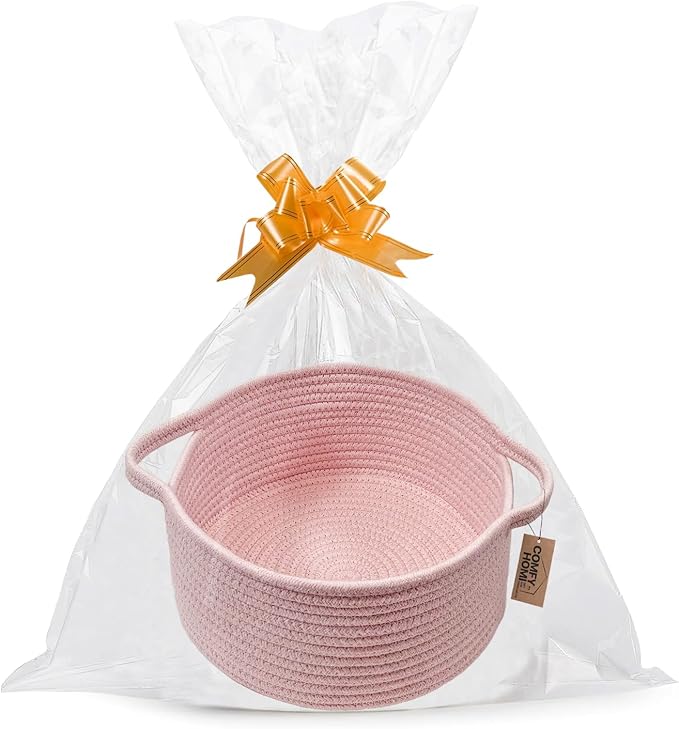 COMFY HOMI Small Woven Gift Baskets with Handles, Gift Bags and Ribbons - Cotton Rope Storage Basket for Organizing, Dog Toy Basket Box, Gift Baskets Empty, Mother’s Day-φ11X5 Inch（all pink）