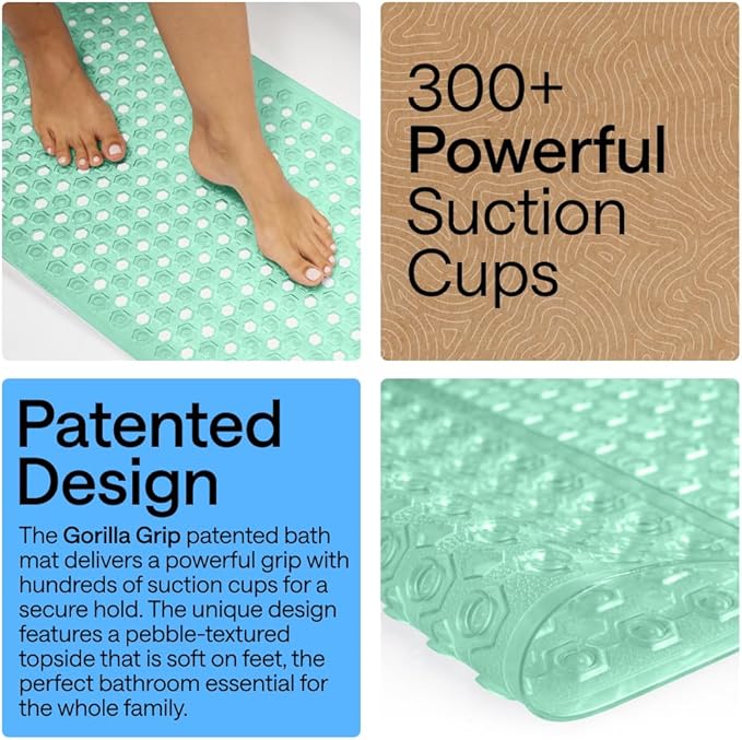 GORILLA GRIP Patented Bath Tub Shower Mat, Machine Washable Bathtub Floor Liner Mats, Suction Cups and Drain Holes to Keep Tubs Clean, Soft on Feet, Bathroom Essentials, 35x16 Inch, Clear Green