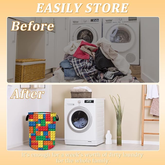 Colorful Building Blocks Laundry Basket, Bricks Laundry Hamper, Oxford Waterproof Foldable Clothes Storage Bin, Toy Organizer Basket for Bathroom/Household/College Dorms 15.7"x19.6"