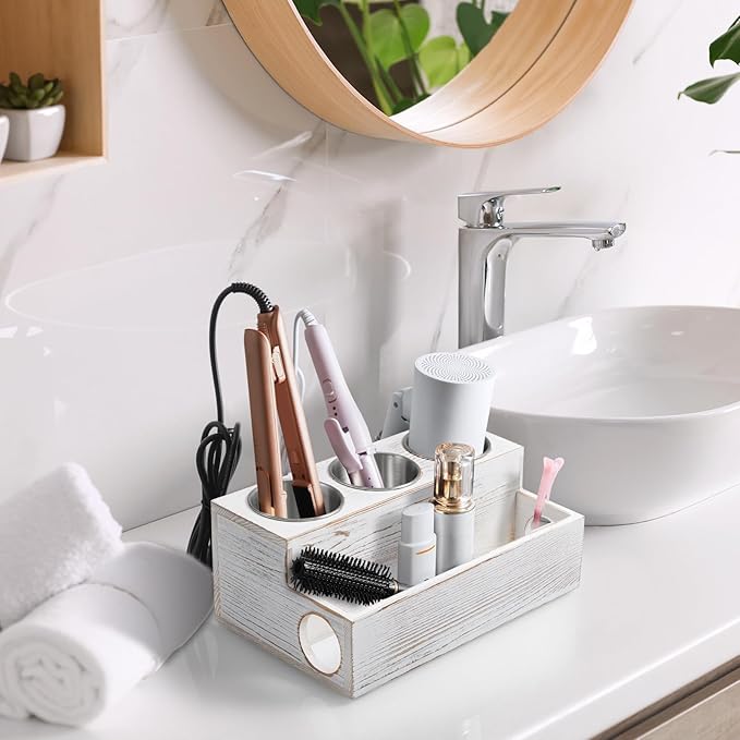 Hair Tool Organizer, White Washed Wood Hair Dryer Holder Countertop, Wall Mount Hot Tools Organizer for Hair Styling Accessories, Bathroom Supplies Vanity Caddy for Curling Wand, Blow Dryer