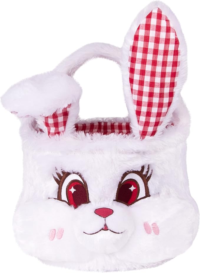 LUBOT Easter Basket for Kids 3D(9inch*9inch) Plush Bunny Baskets with Foldable Ears Egg Hunts bucket for Boys and Girls Easter Decoration Bag Gift, White