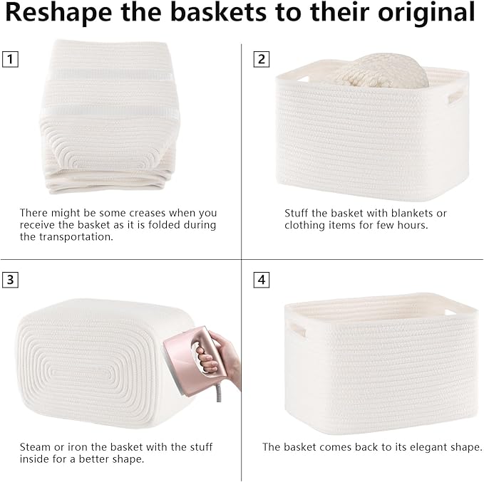 4 Pack Storage Baskets for Organizing Toys, Towels, and Clothes, Woven Basket for Shelves, Sturdy Nursery Cube Bins for Storage, 13''L x9''W x7.8''H, White, SD-SLB-G-C-01