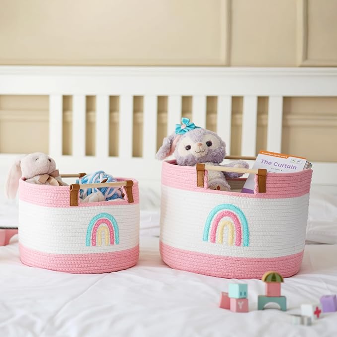 Large Blanket Basket 35L Cotton Rope Basket with Wooden Handles Woven Baskets for Kids Stuffed Animal Toys Storage for Nursery, Laundry Hamper Clothes Baby Hamper Girls Gift Baskets Empty, (Rainbow）