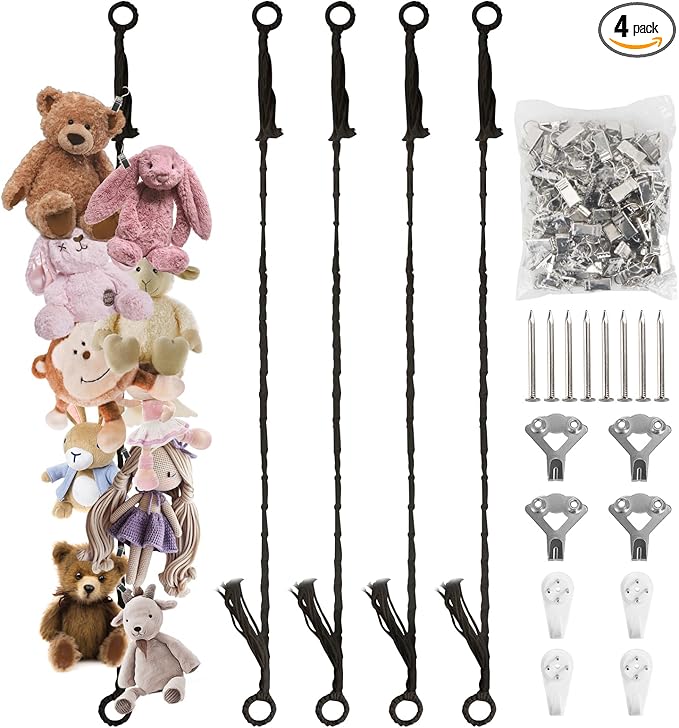 Munzong Stuffed Animal Storage Chain 80 Inch, 4pcs Black Hanging Stuff Animals organizer, Cotton Toy Display Chain with 80 Clips, Toys Organizers Holder for Room Wall Corner Decor