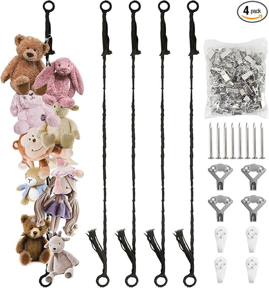 Munzong Stuffed Animal Storage Chain 80 Inch, 4pcs Black Hanging Stuff Animals organizer, Cotton Toy Display Chain with 80 Clips, Toys Organizers Holder for Room Wall Corner Decor