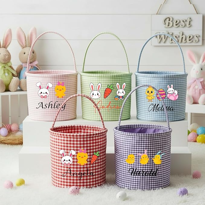 Personalized Easter Baskets for Kids Egg Basket Gingham Bunny Bucket Candy with Handle Tote Bucket Reusable Goody Baskets for Kids Gifts Bags