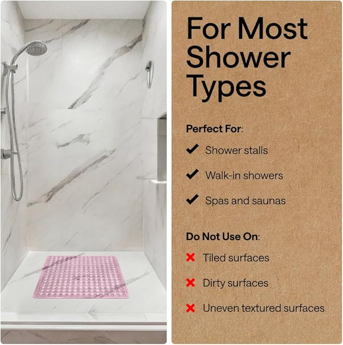 GORILLA GRIP Patented Square Shower Stall Mat, Small Bathtub Floor Mats for Stand Up Showers, Suction Cups and Drainage Holes, Machine Wash, Soft on Feet, Bathroom Accessories 21x21 Inch, Light Pink