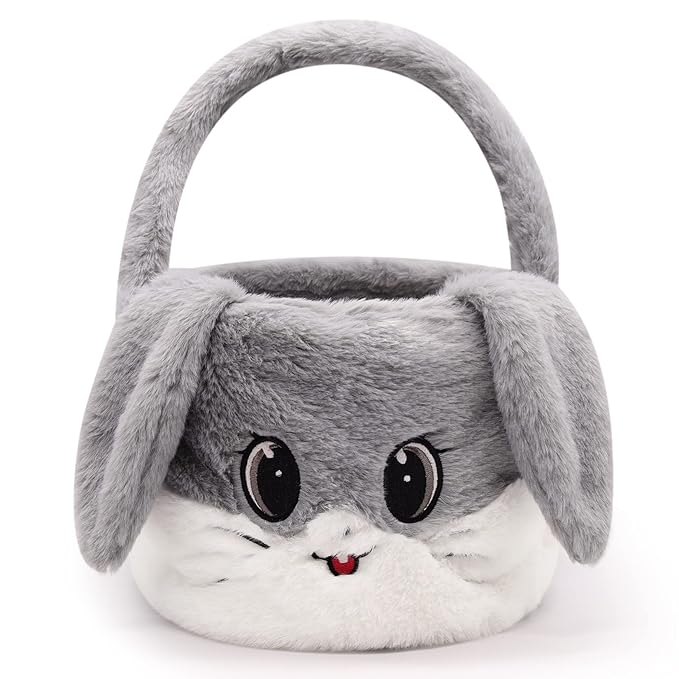 Easter Basket for Kids, Gray, Plush, Round, Cute Modern Rabbit-Shaped with Handle, Perfect for Easter Egg Hunting, Storage, and Decoration