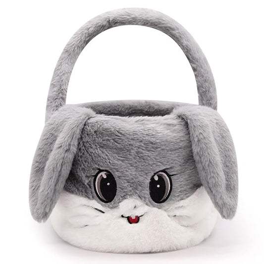 Easter Basket for Kids, Gray, Plush, Round, Cute Modern Rabbit-Shaped with Handle, Perfect for Easter Egg Hunting, Storage, and Decoration