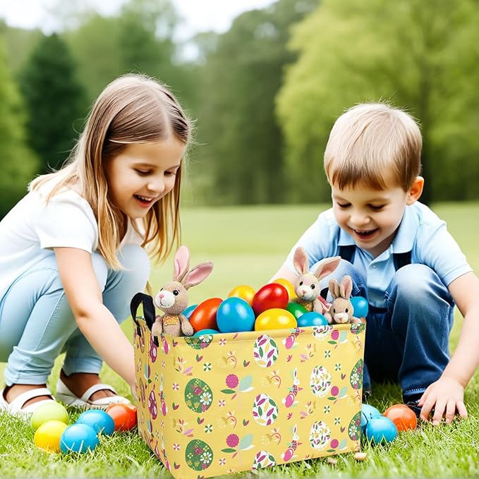 Kid Large Empty Easter Basket Personalized Fabric Bunny Easter Basket for Boy and Girl (Art Rabbit Easter Egg)