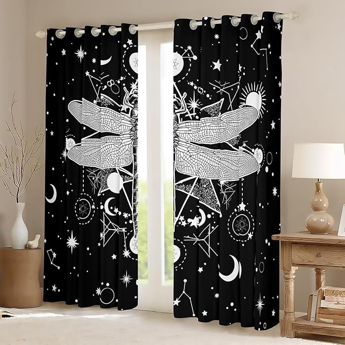Gothic Moth Shower Curtain,Galaxy Sun and Moon Constellation Boho Style Skull Skeleton Bath Curtain for Kids Bathtubs Decor,Halloween Black White Waterproof Shower Curtain 72" Wx72 L