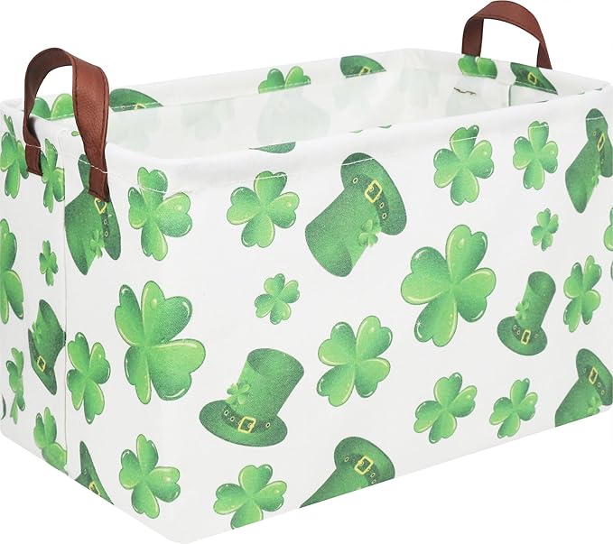 Rectangular Four Leaf Clover Lucky Gift Basket,St. Patrick's Day Toys Storage Bin for Kids,Baby Room Decor(Clover)
