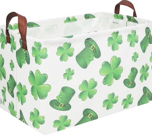 Rectangular Four Leaf Clover Lucky Gift Basket,St. Patrick's Day Toys Storage Bin for Kids,Baby Room Decor(Clover)
