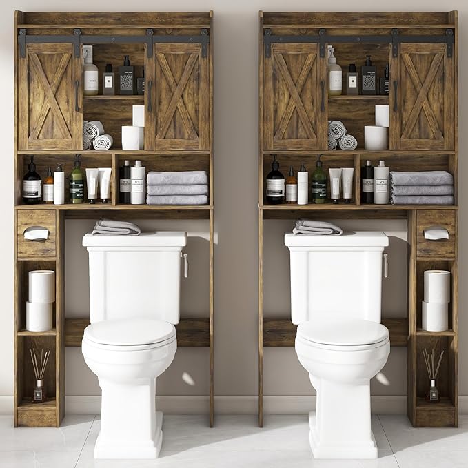 Vabches Over The Toilet Storage Cabinet, Farmhouse Storage Cabinet Over Toilet with Sliding Doors & Toilet Paper Holder Stand，Home Space-Saving Toilet Rack, for Bathroom, Restroom, Laundry