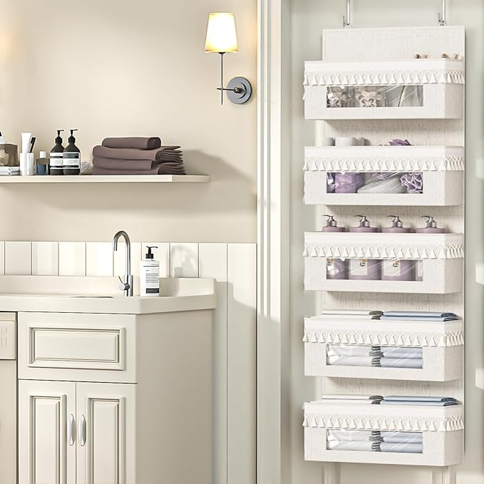 Aokeyee 5 Tier Over The Door Organizer Storage Nursery, Boho Door Organizer Hanging with Tassels and Clear Window, 65lb Behind The Door Storage for Baby Nursery, Bedroom, Bathroom, Laundry, Pantry