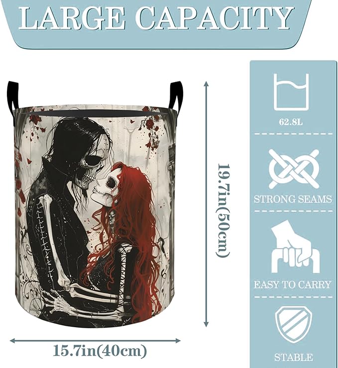 Gothic Skeleton Lovers Rose Laundry Basket, Dirty Collapsible Clothes Toy Organizer Hamper for Kids Adults, Oxford Cloth Waterproof Storage Bin for Bathroom Halloween Decor Gifts, 19.7"X15.7"
