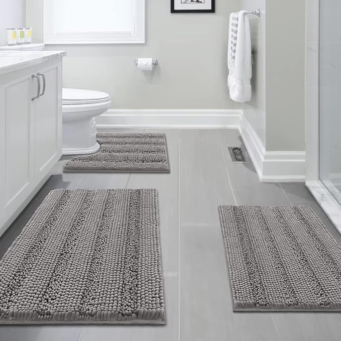 H.VERSAILTEX 3 Piece Bathroom Rugs Sets Thick Striped Bath Rugs Set for Bathroom Non Slip Soft Absorbent Bath Mat Set for Tub, Shower and Toilet(17''x24''+20''x32''+20''x24'' U-Shaped, Dove)