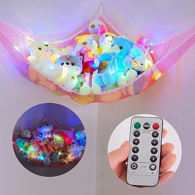 Basumee Stuffed Animals Net or Hammock with LED Light Hanging Toy Net Hammock for Stuffed Animals Storage Stuff Animals Hammocks for Nursery Room with Remote Control, 8 Kinds of Lights(Pack of 1)