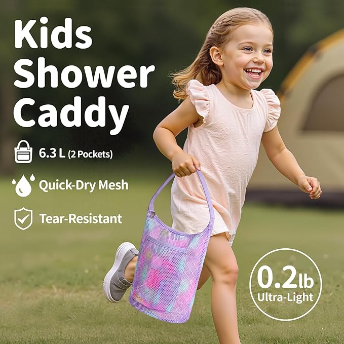Kids Mesh Shower Caddy - Small Portable Toiletry Tote Bag for Camp Dorm Gym, Quick Dry Hanging Organizer with Zipper Pocket, Purple Mermaid