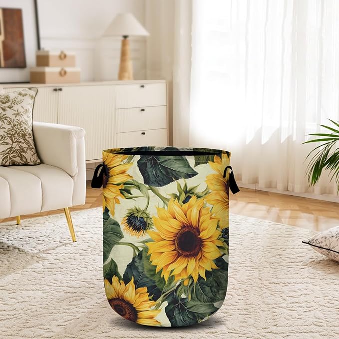 Retro Sunflower Laundry Basket, Floral Laundry Hamper Collapsible Oxford Cloth with Handle Clothes Toy Storage Bin for Bathroom Laundry Room Bedroom 15.7 X 20 Inch