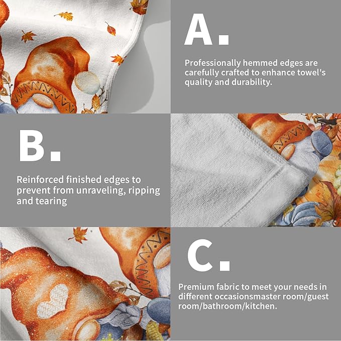 Hello Fall Gnome 2-Piece Autumn Maple Leaves Pumpkins Hand Fingertip Towels Orange White Buffalo Plaid Highly Absorbent Towels for Bathroom Kitchen SPA Gym 14"x28"