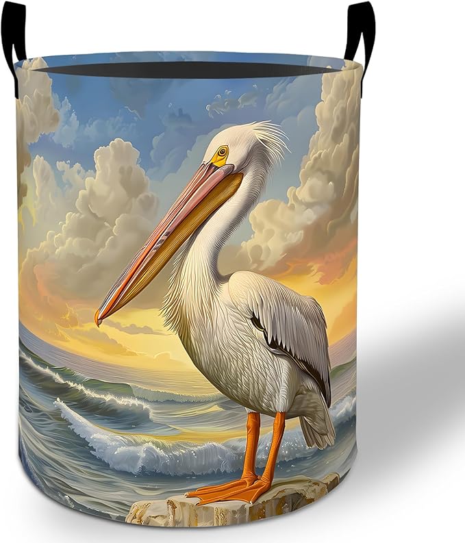 Pelican Laundry Basket Hamper 19.7"x15.8", Ocean Sunset Bird Foldable Waterproof Oxford Clothes Storage Bucket for Room Bathroom Bedroom Nursery Decor, Toy Organizer Bins Gifts for Kids Boys Girls