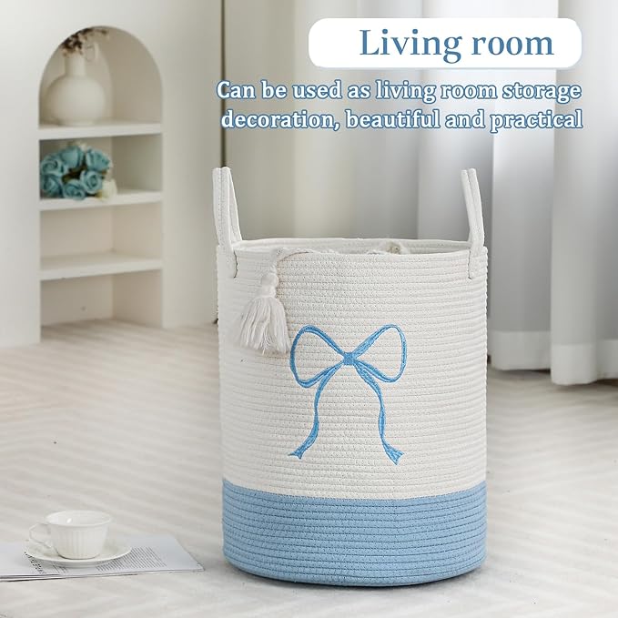 Honeydak Blue Laundry Basket Bow Hamper Coquette Laundry Basket Cotton Rope Blue Hamper 15 x 17.7 Inches Toy Box Large Coquette Bow Teens Girls Room Storage for Blanket Toys Clothes Organization