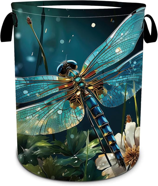 Dragonfly Laundry Basket, Forest Flower Laundry Hamper Foldable Waterproof Tote Bag Dirty Clothes Storage Bucket Toy Organizer for Bathroom/Laundry/Bedroom 15.7"x19.6"