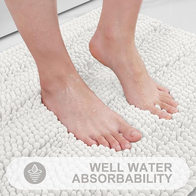 Grandaily Chenille Striped Bathroom Rugs 24x16, Extra Thick and Absorbent Bath Mats, Non-Slip Soft Plush Shaggy Shower Carpet, Machine Wash Dry, Bath Rug for Bathroom, (Small, Cream)