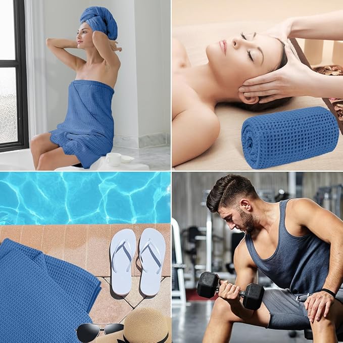 HOMEXCEL Blue Waffle Bath Towels 4 Pack, Premium Microfiber Bath Towels, Ultra Soft, Lightweight, Highly Absorbent Quick Dry Towel for Bathroom, Gym, Shower, Hotel and Spa, 30 x 60 Inch