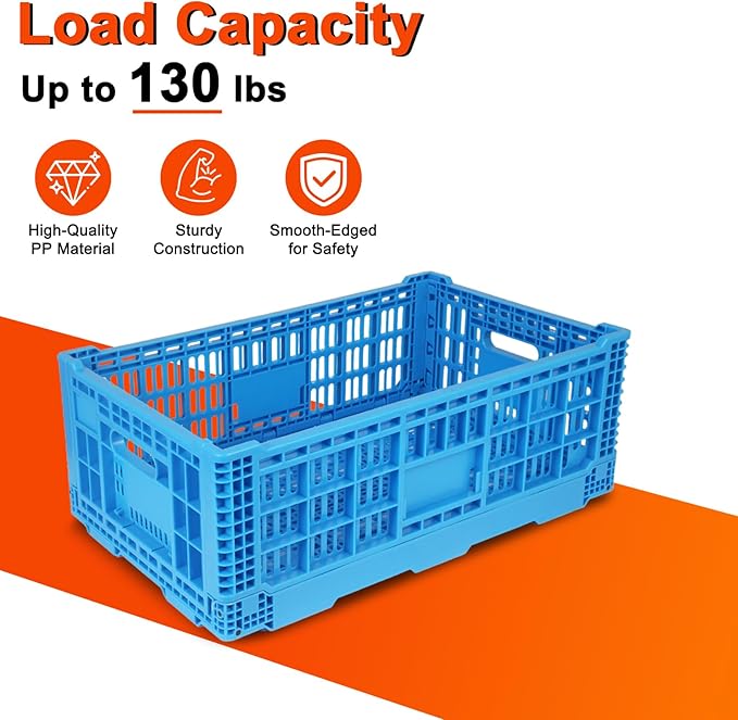 Collapsible Milk Crate, 1 pck 52L(13GAL) Stackable Storage Bins, Heavy Duty Storage Crates, Plastic Crates for Grocery, Warehouse Organization - Extra Large, Holds 130 lbs Per Bin