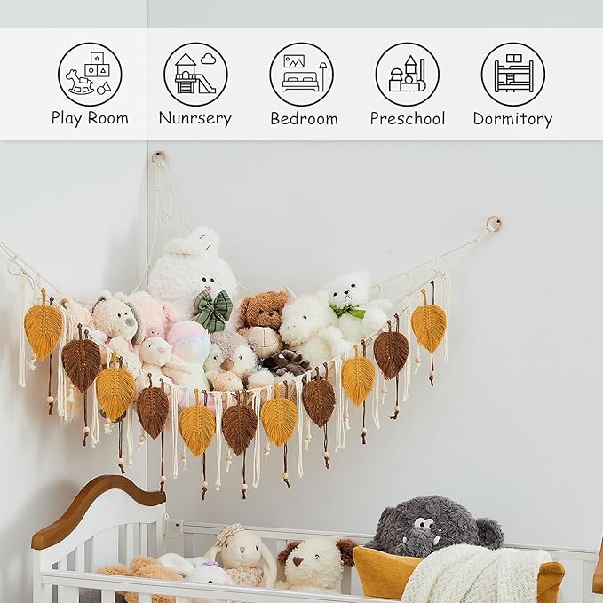 Pretty Jolly Macrame Stuffed Animal Hammock with Beads Hand Woven Leaf Tassels Corner Hanging Net Boho Plush Holder for Toys Kid Room Nursery Decor Organizer for Girls Gift(Dark Yellow&Caramel)