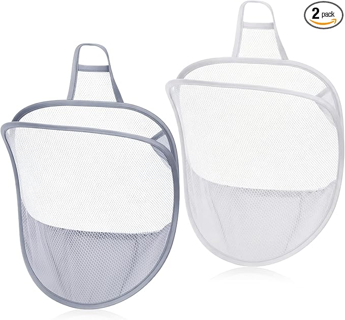 2 Pack Mesh Foldable Hanging Laundry Hamper, Small Wall Laundry Baskets Space-Saving Wall Hamper Portable Dirty Clothes Organizer for Home, Dorms, Hotels, RVs Grey White