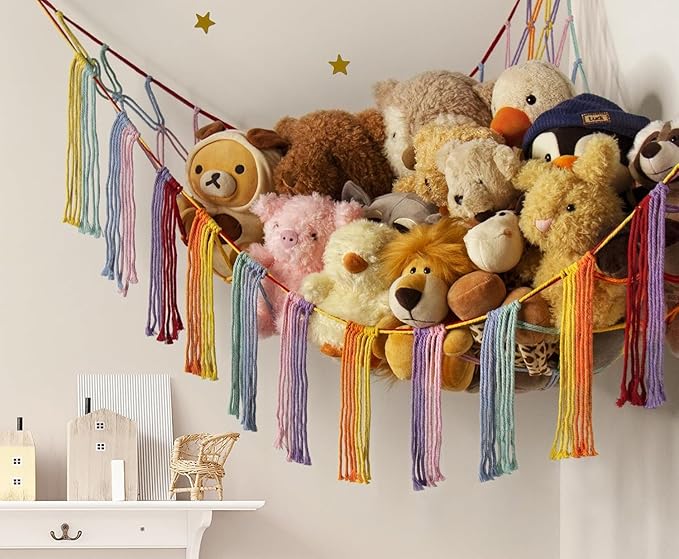 Stuffed Animal Storage Hammock Corner X-Large with LED Light - Baby Hammock Hanging Holder Plushies Net for Stuff Animals Organizer - Cute Room Decor Aesthetic Kids Toddler Nursery Bedroom