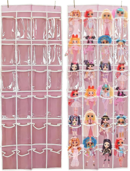 Hanging Over Door Girl's toy Storage Organizer with 24 Clear View Pockets, Compatible with Lol Omg Dolls Barbie Dolls Surprise Doll clothes girl bow hair accessories organizer