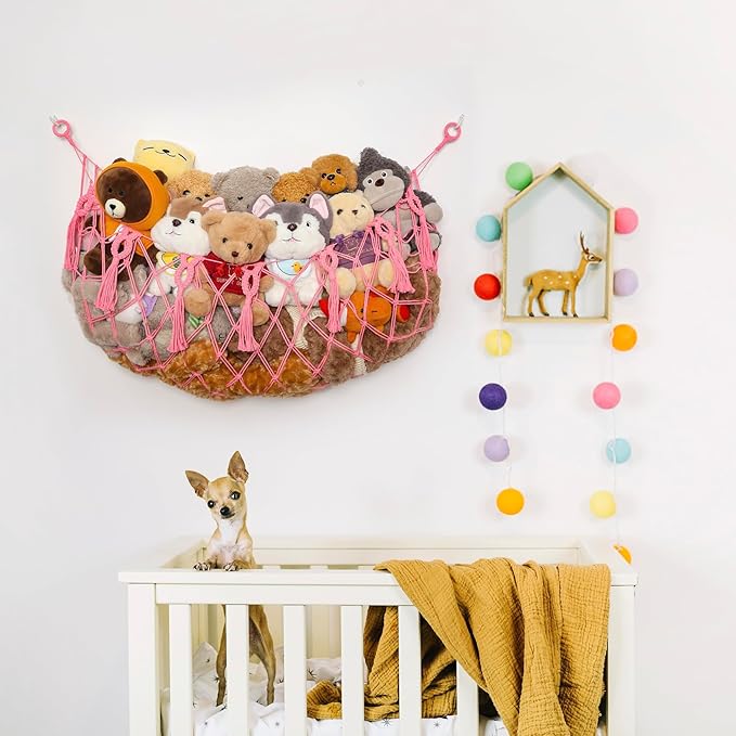 Stuffed Animal Net or Hammock Macrame Toy Diaplay Plush Toy Holder Corner Wall Hanging Net for Stuffed Animal Storage (Pink,49" W)