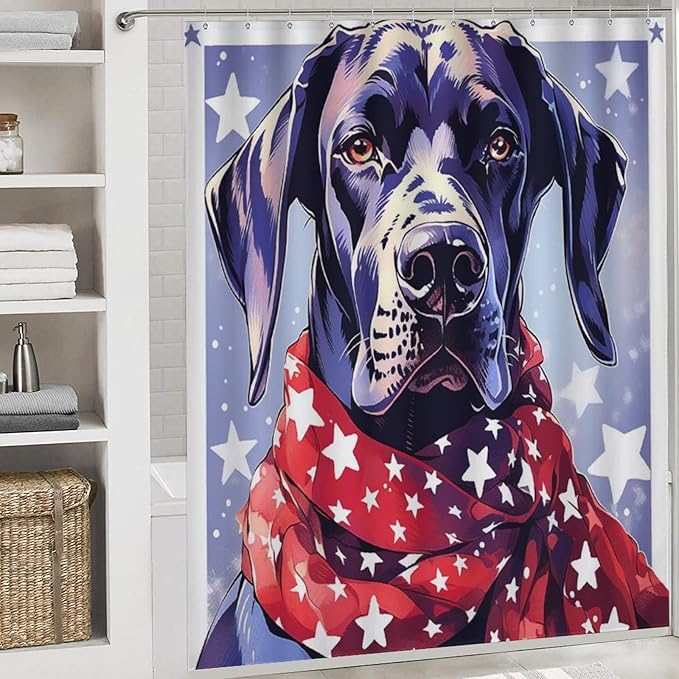 Great Dane Dog in Scarf Christmas 4Pcs Shower Curtain Set with Rugs with Non-Slip Rugs Toilet Lid Cover And Bath Mat Dog Lover Gifts Waterproof Personality Pattern Bath Curtain for Bathroom Decor