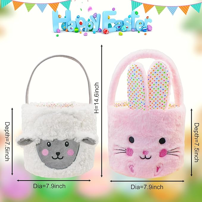 DearSun 2 Pcs Easter Basket Bunny & Lamb Plush Baskets, Easter Egg Hunting Basket for Kids Gifts Party Decoration Supplies, Dia 8" * H 15.7"(Pink Bunny & Sheep)