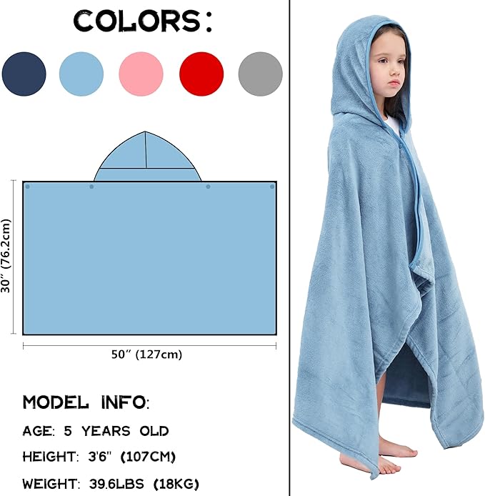 Hiturbo Kids Hooded Bath Towel: Soft Plush Pool Beach Fleece Towel Blanket - 50"x30" Toddler Towels Wrap for Boys Girls 3-12 Years (Blue)