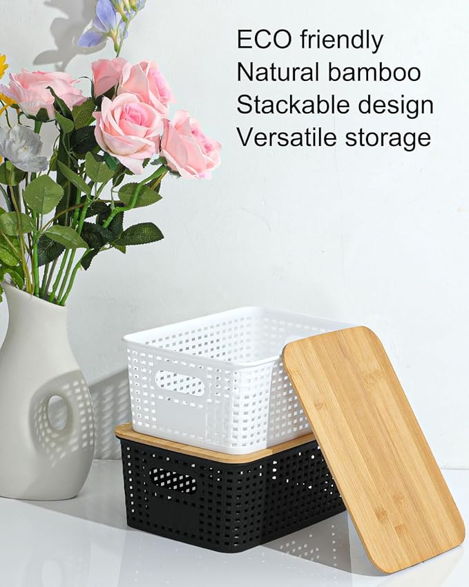 Plastic Storage Baskets with Bamboo Lids for Pantry Organization and Storage Containers Bins for Shelves Drawers Desktop Closet Playroom Classroom Office Home, 6 Pack,White