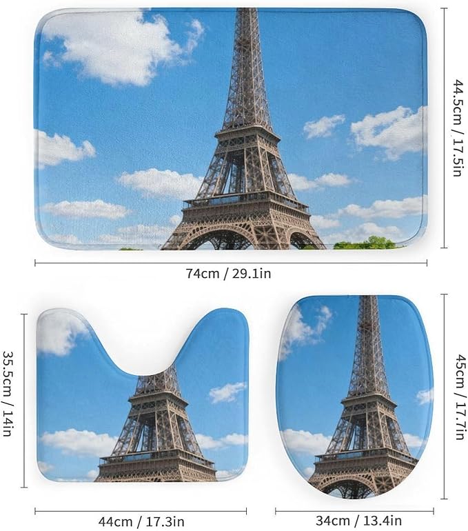 4 Piece Bathroom Rug Set with Shower Curtain, Non-Slip Bath Mat Toilet Cover Set, Eiffel Tower Bathroom Rug Sets
