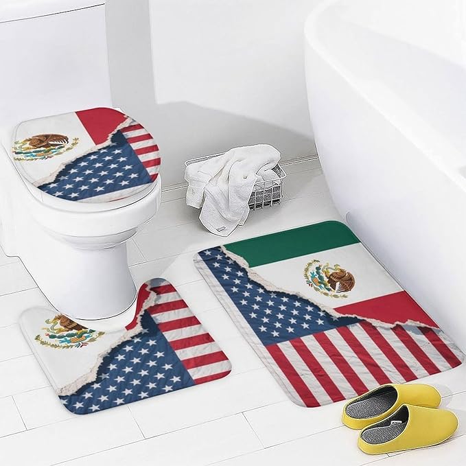 4 Pack Mexico Mexican USA America Flag Art Toilet Carpet Rugs + Contour Mat & Lid Cover Rubber Backing + Quick Dry Drape Liner Curtains for Dorm Room, Tub and Shower