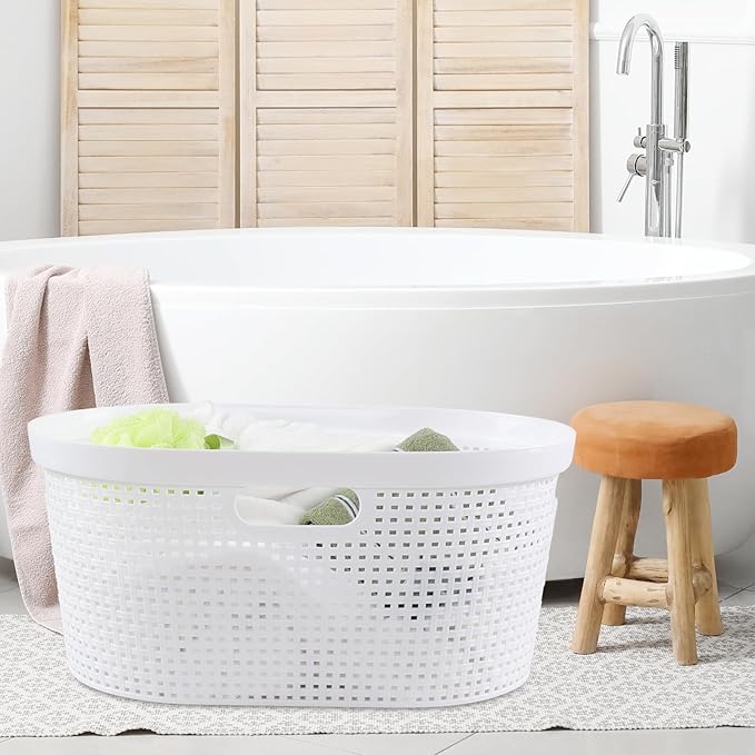 4 Packs 40 L Laundry Baskets, Plastic Dirty Clothes Hampers with Cut-Out Handles for Bedroom, Bathroom, Dorm, Laundry Room, White