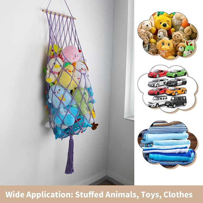 Stuffed Animal Storage Net, 68 Inch Jumbo Macrame Vertical Stuffed Animals Hammock Corner, Wall Ceiling Hanging Stuffy Hammock Plushie Holder Display for Kid Boy Girl Gift Boho Nursery Decor (Purple)
