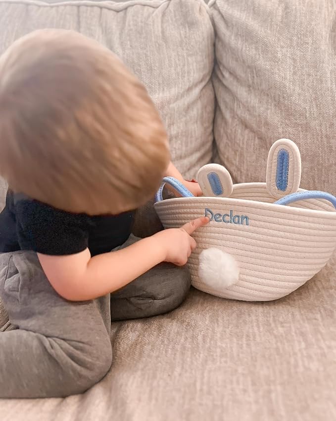 Personalized Easter Bunny Rope Basket (Blue)